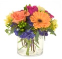 All the pretty choices a medley of colors, fragrance and flowers overflow a contemporary clear round bowl.