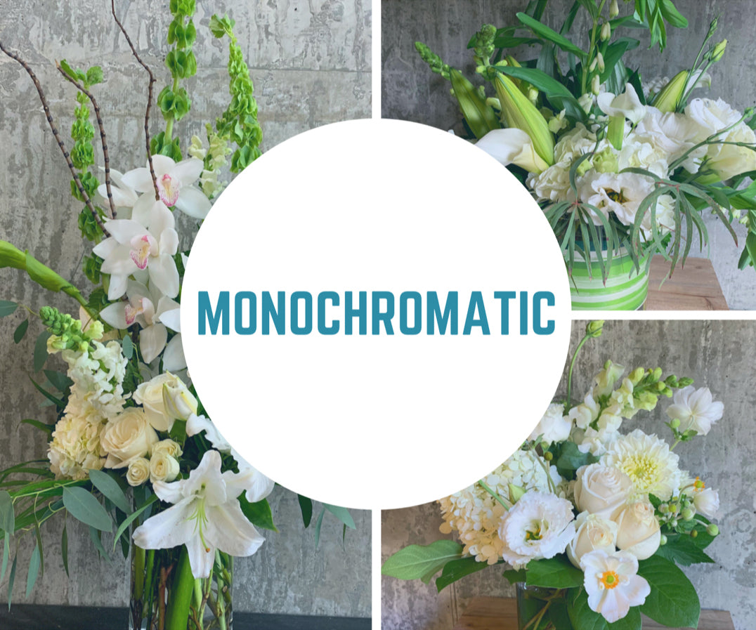 You select the color, and we’ll create a special arrangement using only flowers within that theme. Monochromatic arrangements can be a great way to evoke a specific mood. Sizes from $60 to $300.