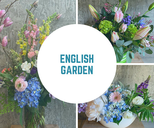 A countryside classic. Garden style flowers arranged in a loose design in the container of your choice. Perfect for anyone who appreciates a touch of the outside in the home or office. Sizes from $60 to $300.