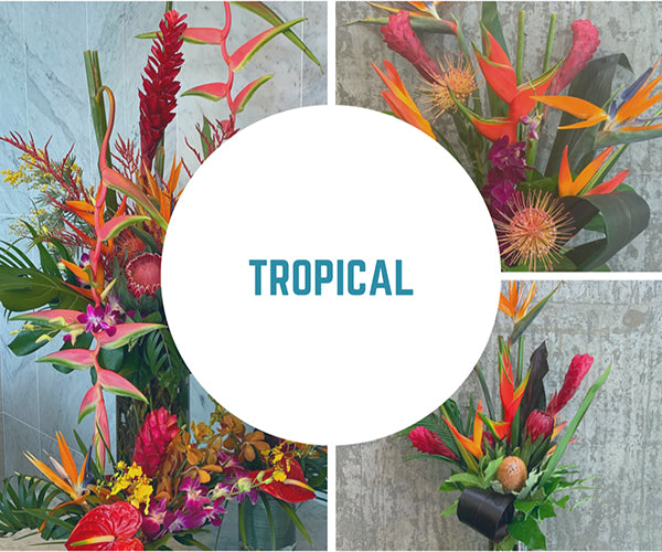 Warm, exciting tropical blooms to brighten your space. Exotic, uncommon elements from far away places. Sure to create a dramatic flair for yourself or as a special gift to others.  **please allow 2 business days ahead of delivery to source the flowers. Sizes from $100 to $350.